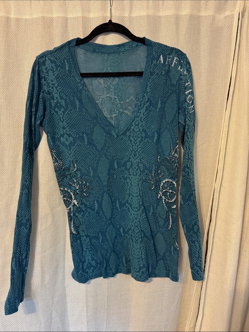 Affliction Teal V-Neck Long-Sleeve Top with Embellished Accents